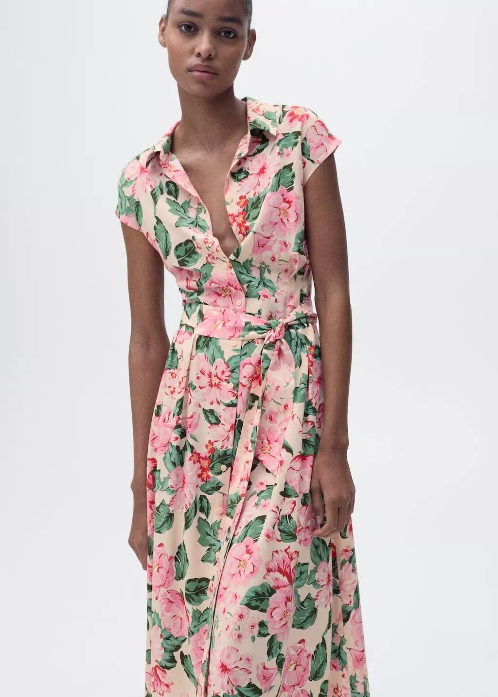Beige Printed Shirt Dress With Belt, , large image number 0