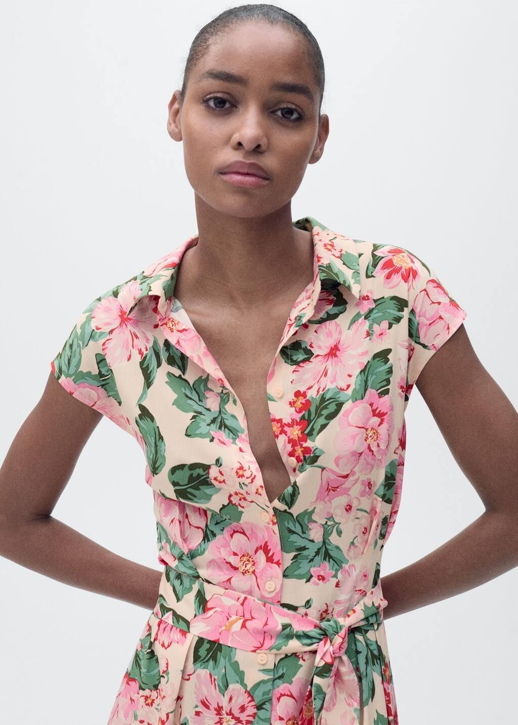 Beige Printed Shirt Dress With Belt, , large image number 1