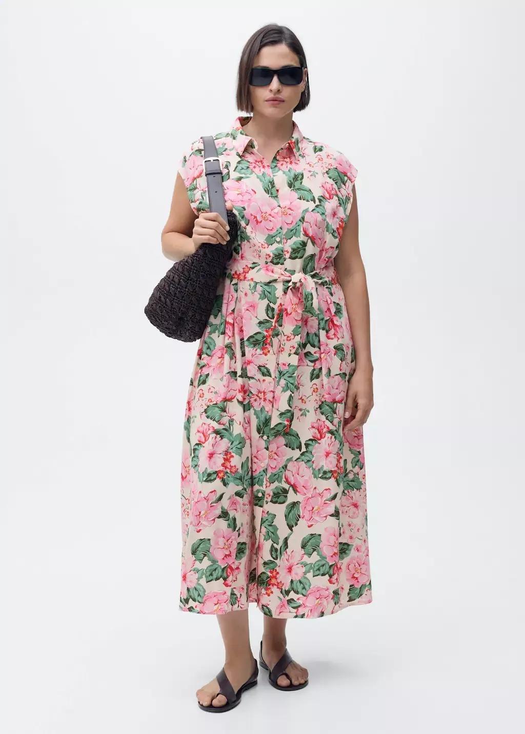 Beige Printed Shirt Dress With Belt, , large image number 2