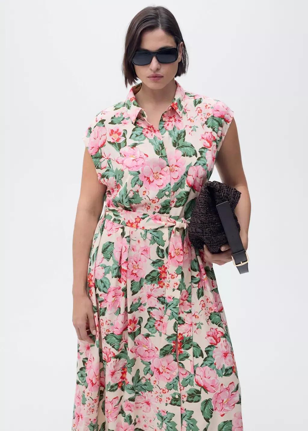 Beige Printed Shirt Dress With Belt, , large image number 5