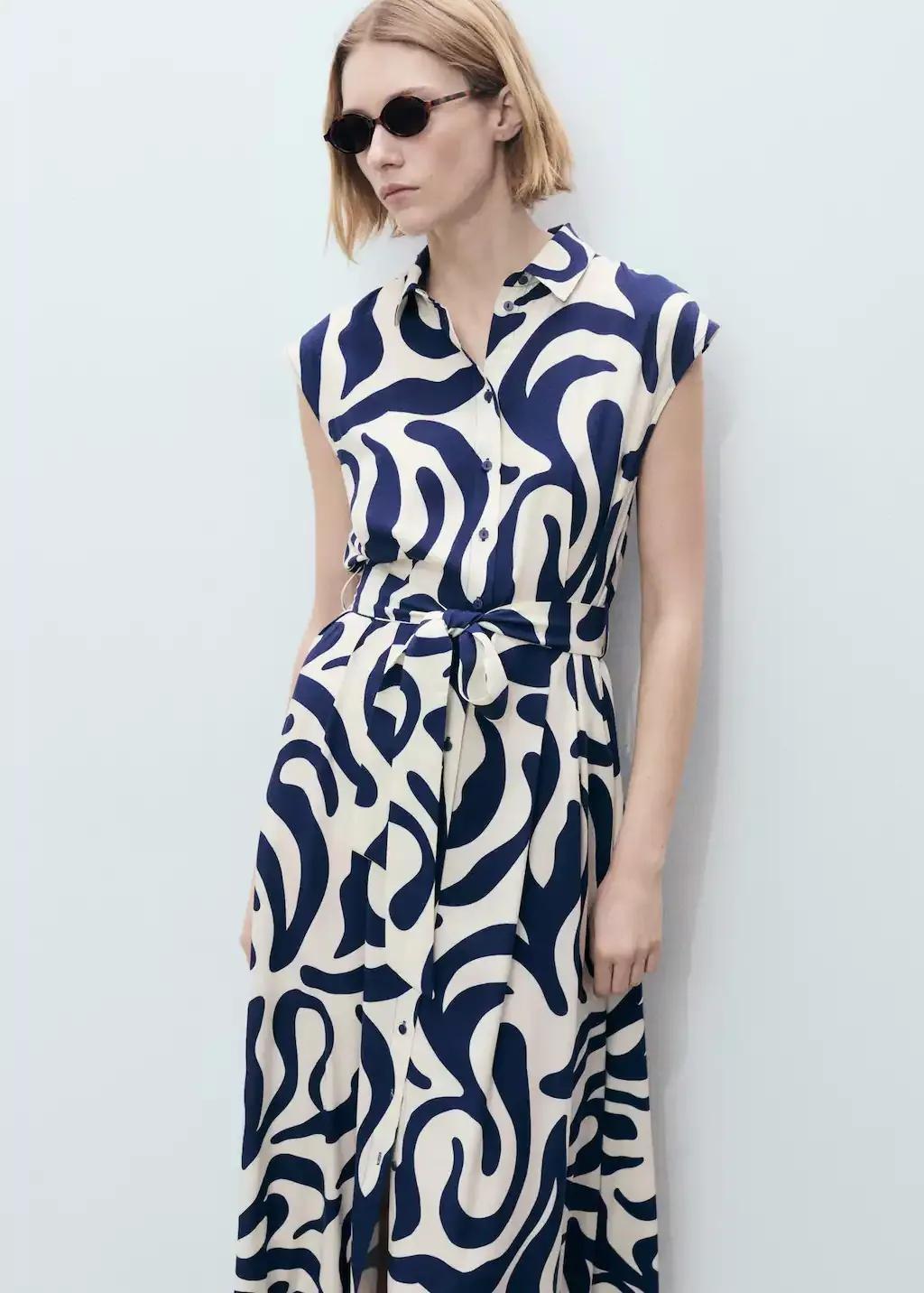 Blue Printed Shirt Dress With Belt, , large image number 0