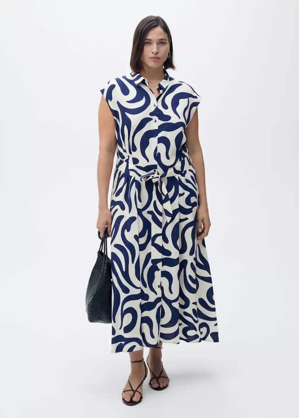 Blue Printed Shirt Dress With Belt, , large image number 2