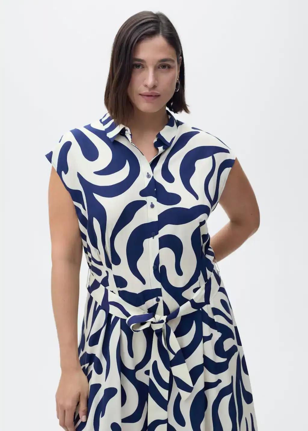 Blue Printed Shirt Dress With Belt, , large image number 5