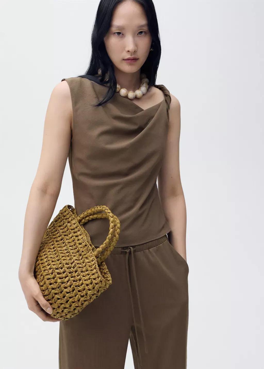 Brown Asymmetrical Draped Top With Straps, , large image number 0