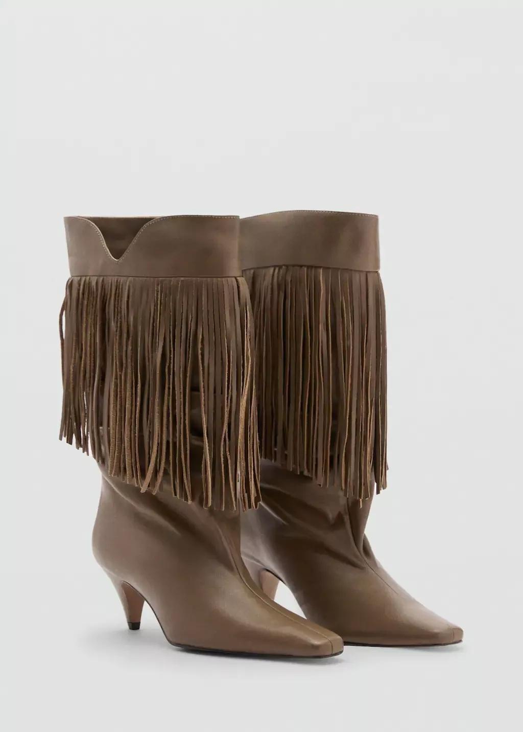 Khaki Leather Ankle Boot With Fringe Heel, , large image number 0
