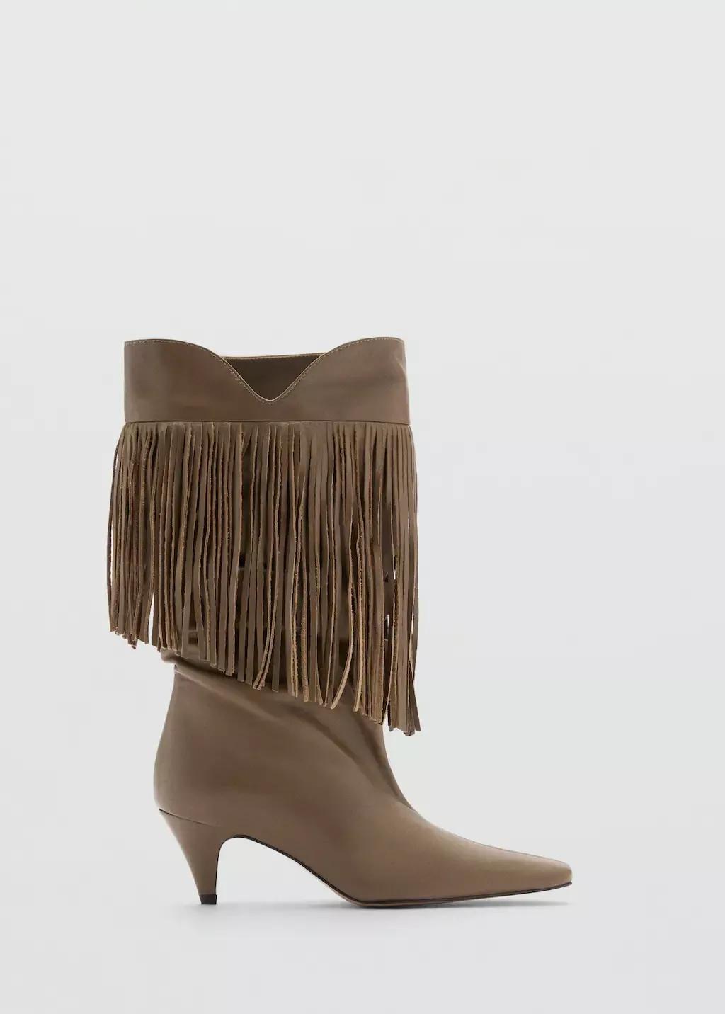 Khaki Leather Ankle Boot With Fringe Heel, , large image number 4
