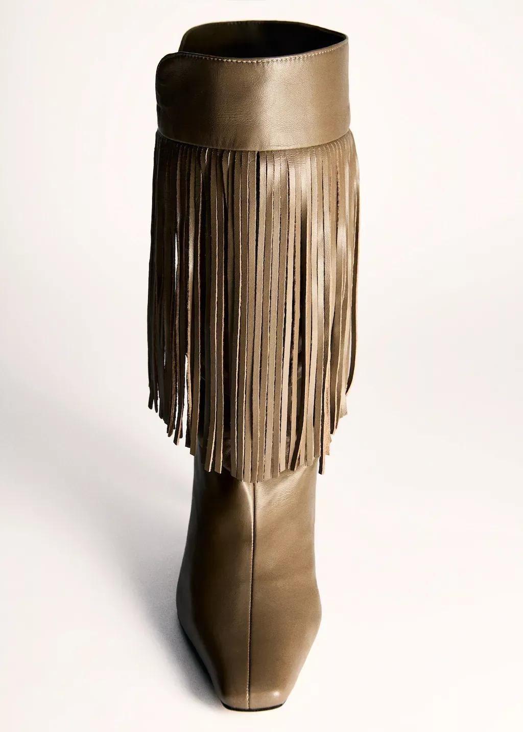 Khaki Leather Ankle Boot With Fringe Heel, , large image number 6