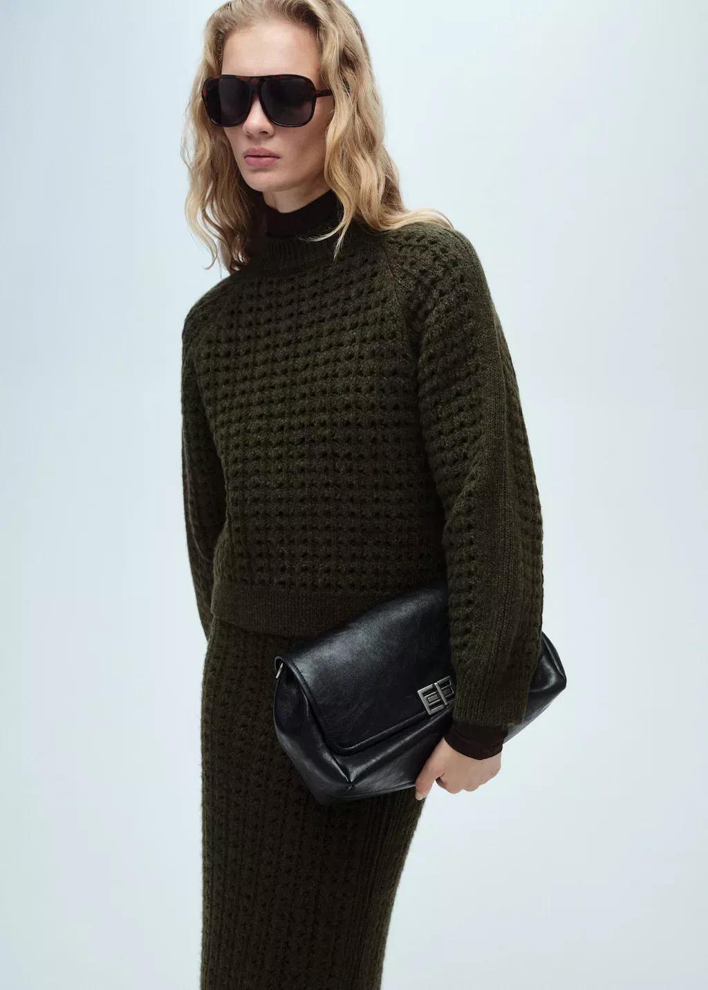 Khaki Openwork Knit Sweater, , large image number 0