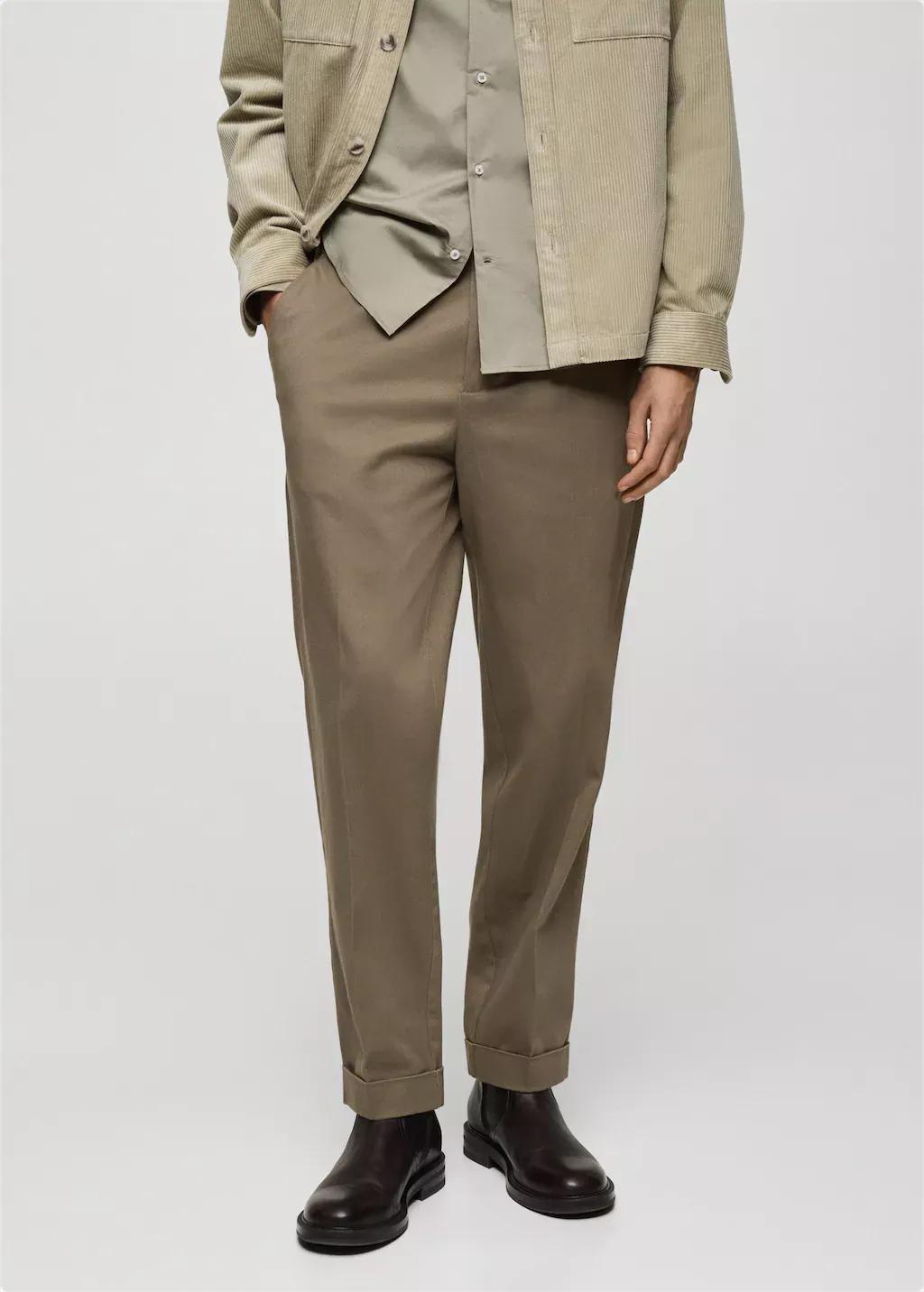 Khaki Cotton Pants With Turn-Up Hem, , large image number 1