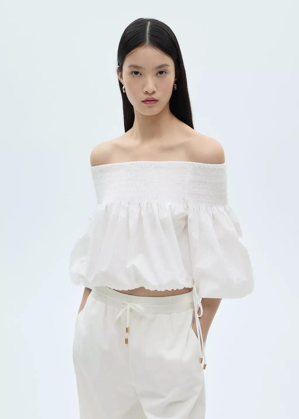 White Gathered Off-The-Shoulder Blouse, , medium