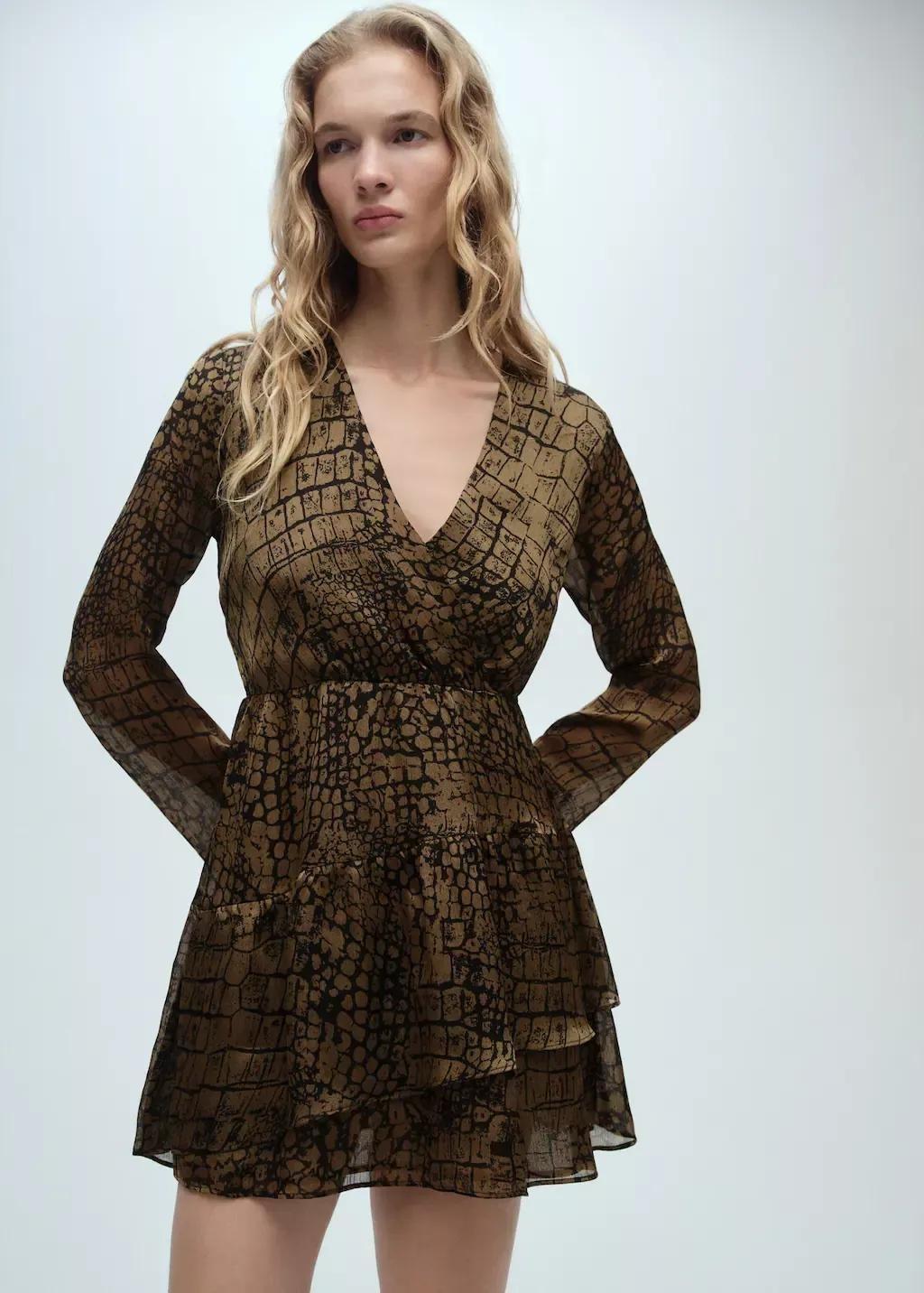 Brown Animal Print Ruffle Dress, , large image number 0