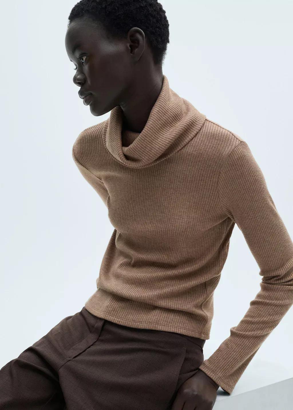 Brown Ribbed Turtleneck T-Shirt, , large image number 0