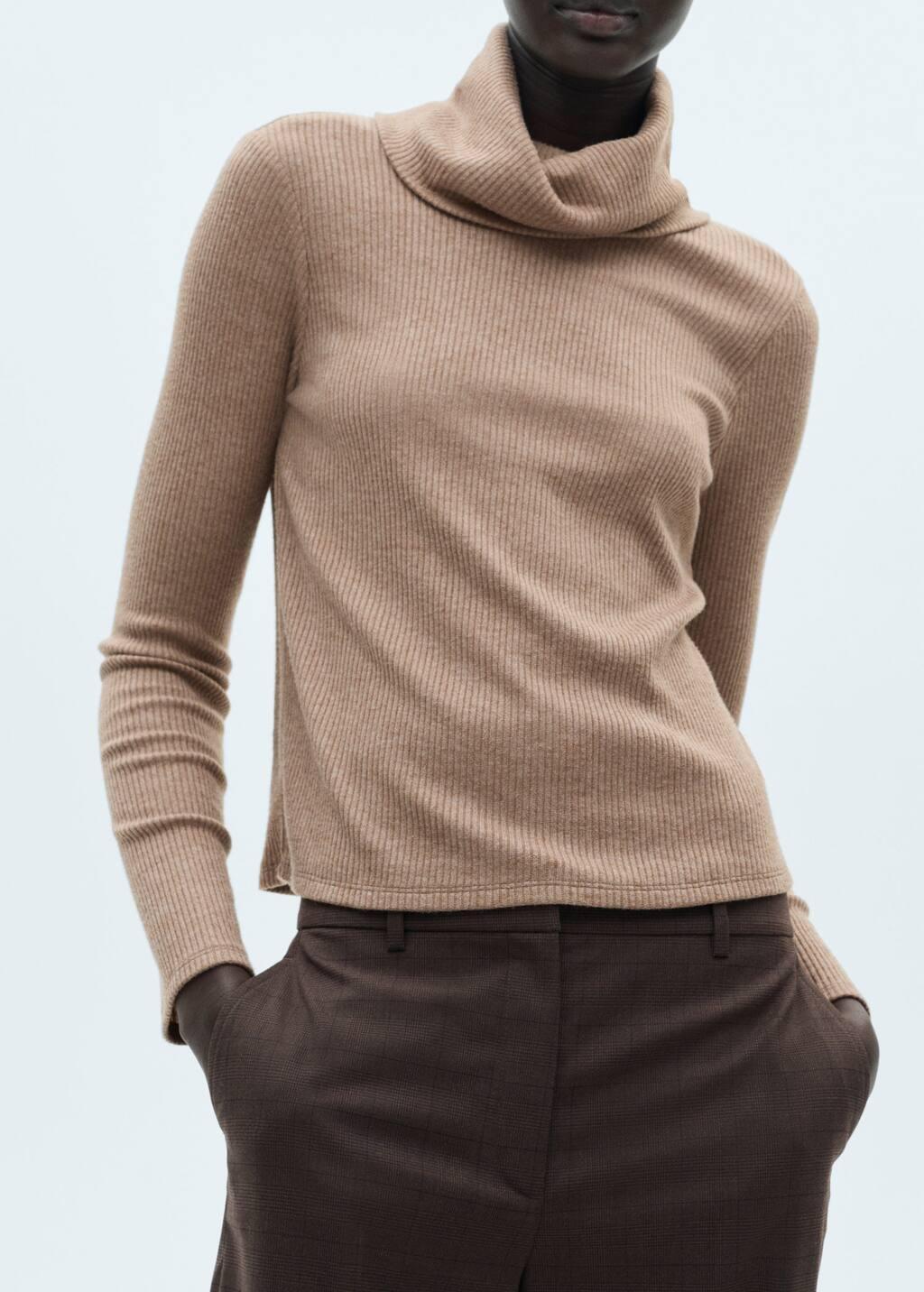Brown Ribbed Turtleneck T-Shirt, , large image number 3
