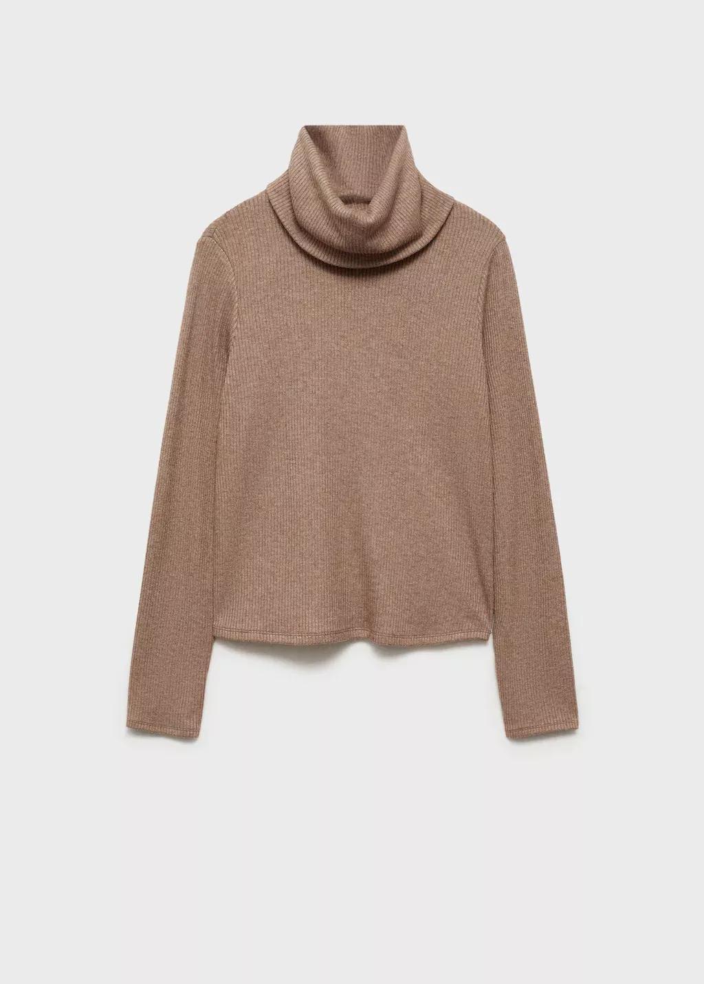Brown Ribbed Turtleneck T-Shirt, , large image number 4
