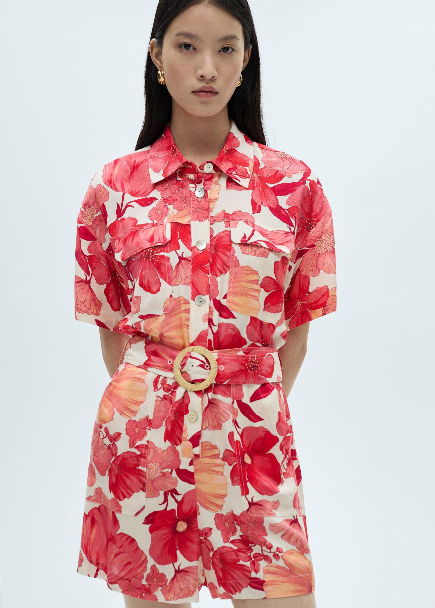 Red Short Jumpsuit With Floral Print, , large image number 0