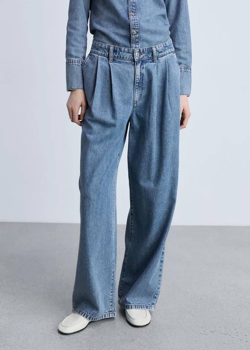 Blue Wideleg Pleated Jeans, , medium