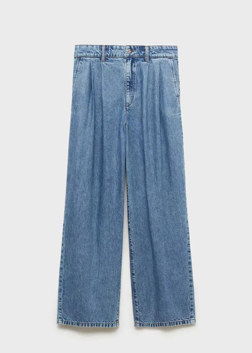Blue Wideleg Pleated Jeans, , large image number 4