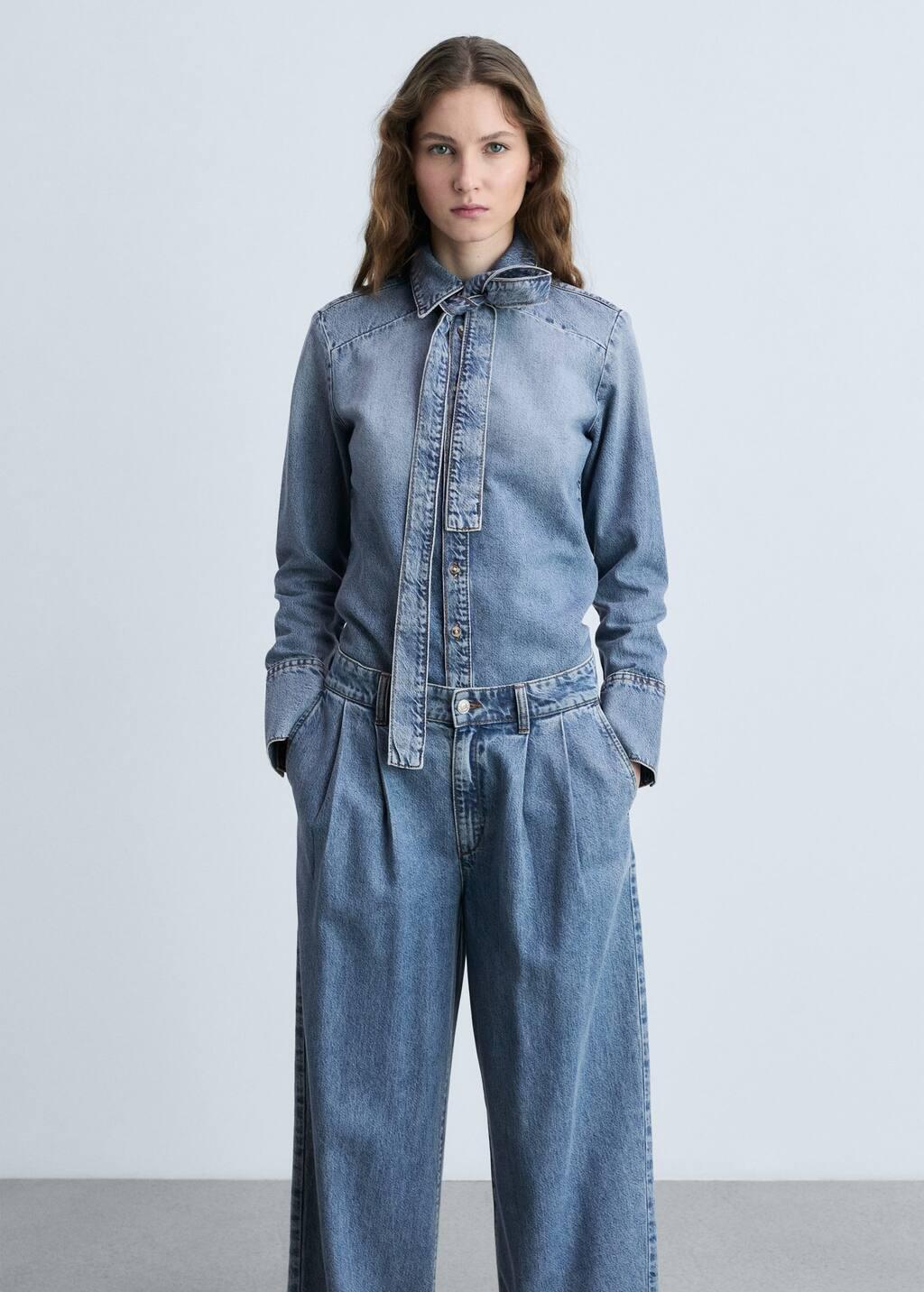 Blue Wideleg Pleated Jeans, , large image number 5