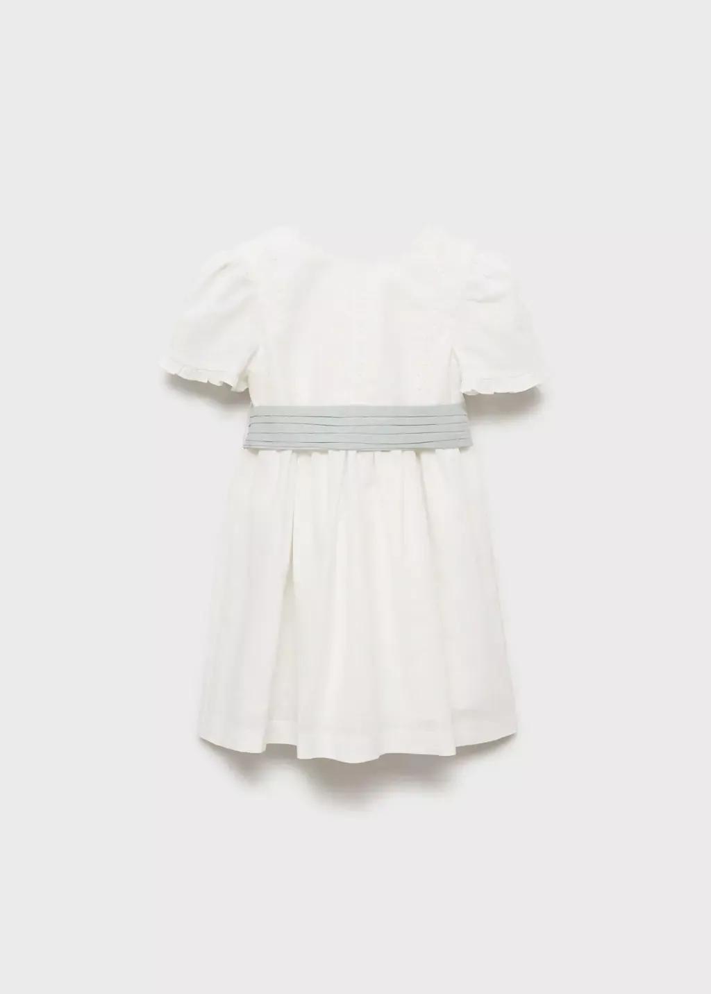 White Bow Linen-Blend Dress, Baby Girl, , medium