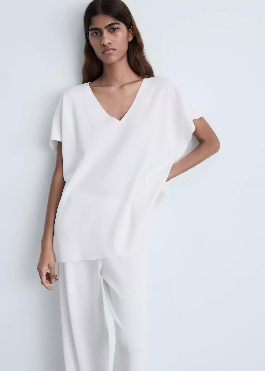 White V-Neck Knit Top, , medium