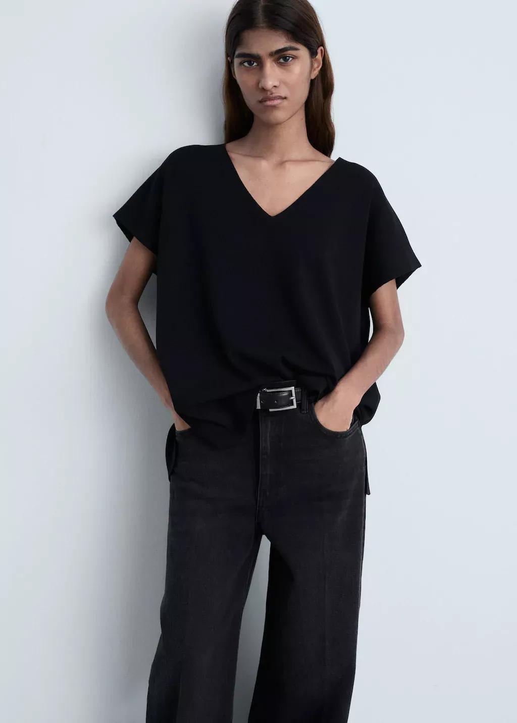 Black V-Neck Knit Top, Black, large image number 3