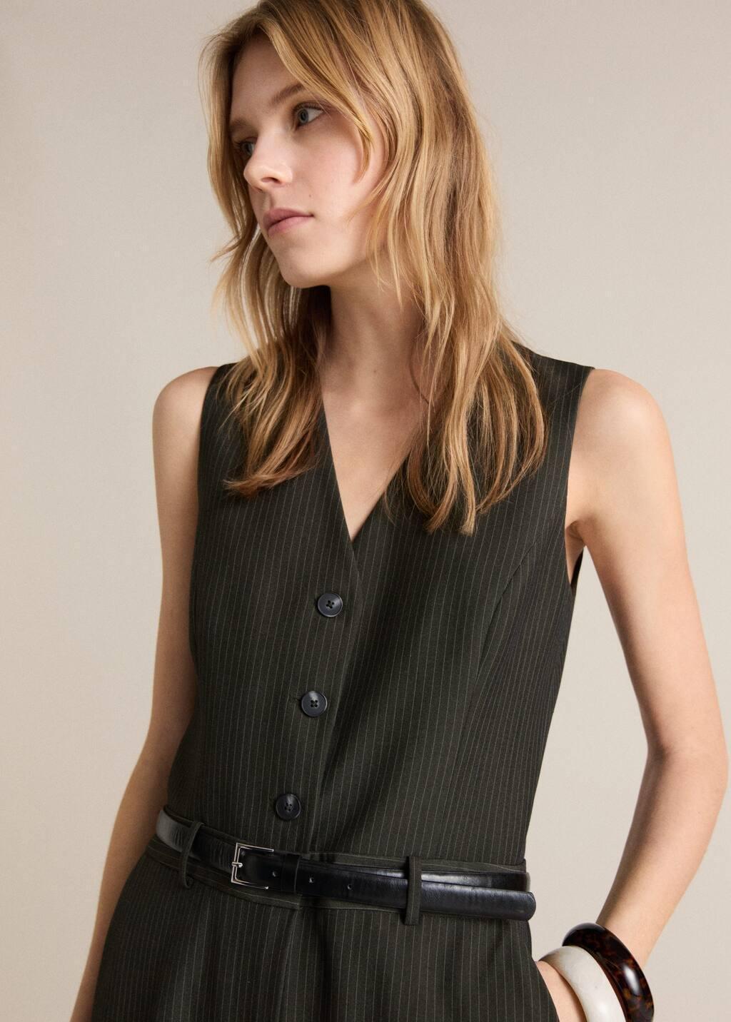 Green Pinstripe Jumpsuit With Belt, , large image number 0