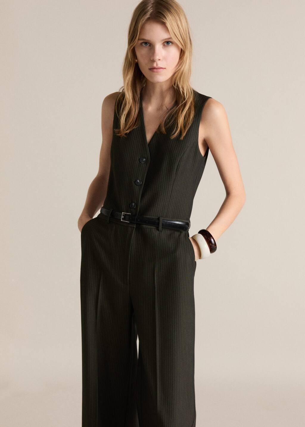 Green Pinstripe Jumpsuit With Belt, , large image number 3