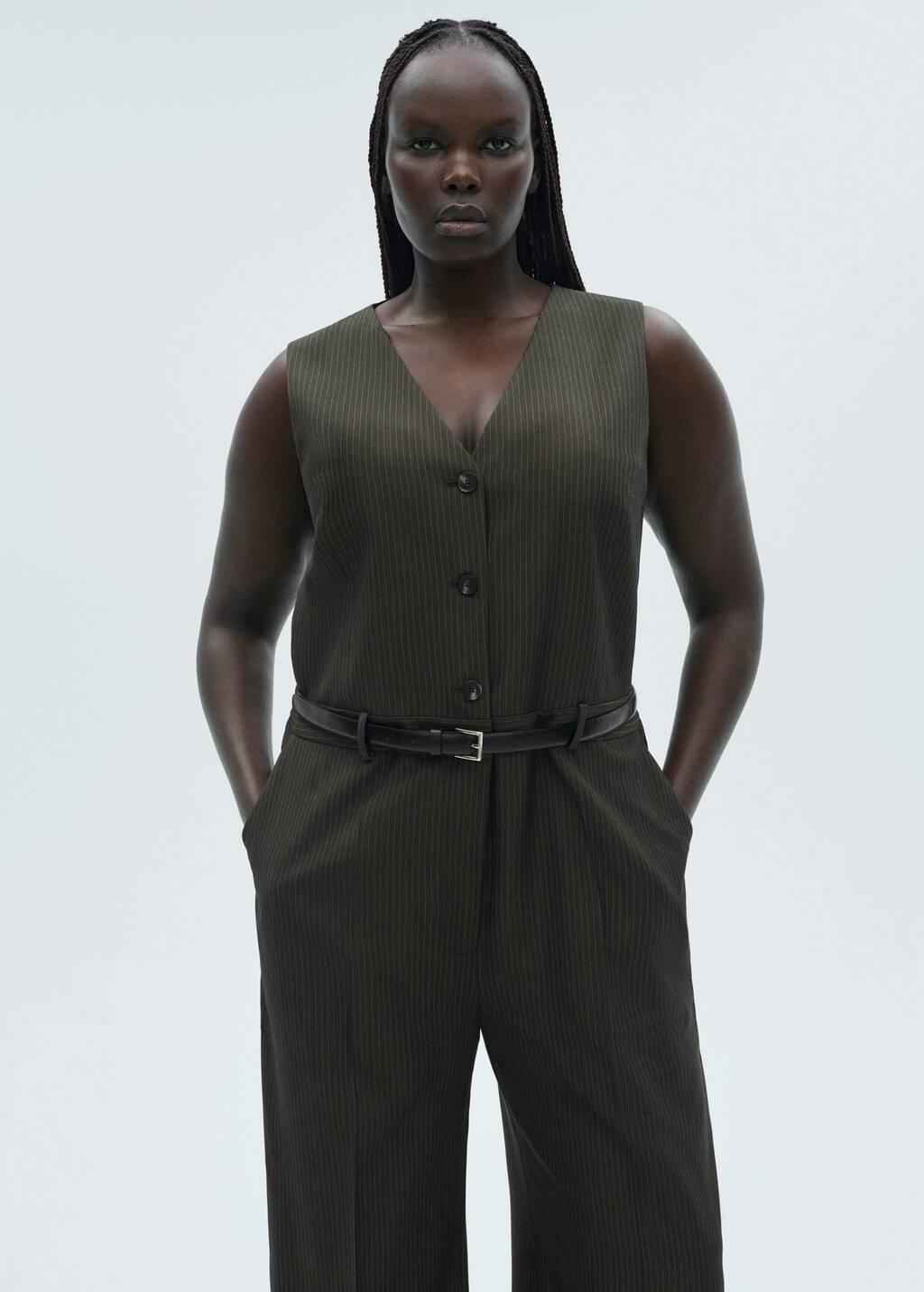 Green Pinstripe Jumpsuit With Belt, , large image number 6