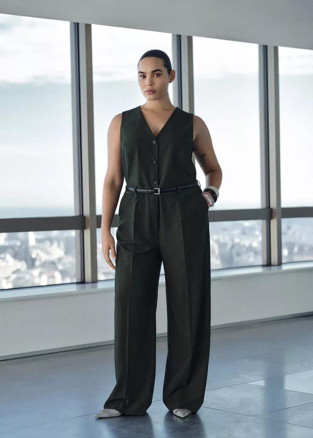 Green Pinstripe Jumpsuit With Belt, , large image number 8