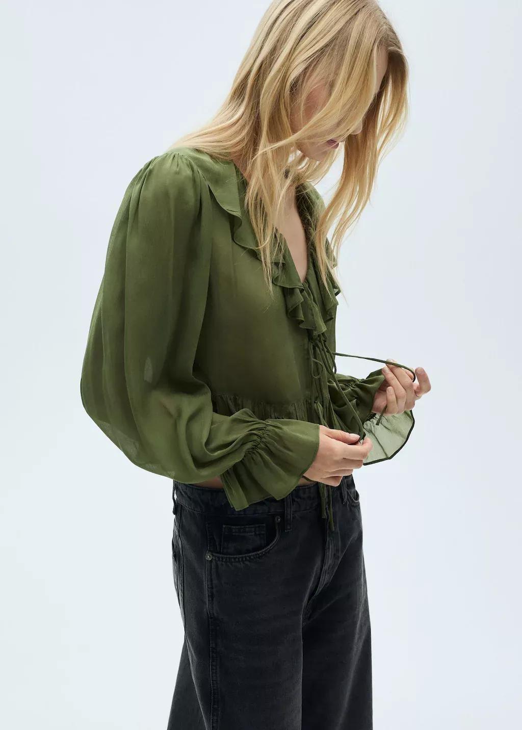 Khaki Ruffled Blouse, , large image number 0