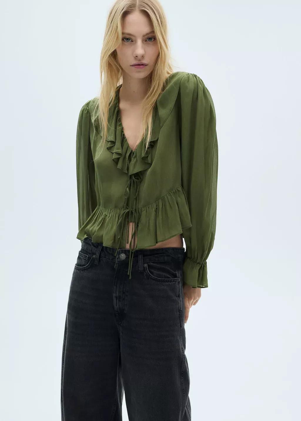 Khaki Ruffled Blouse, , large image number 3