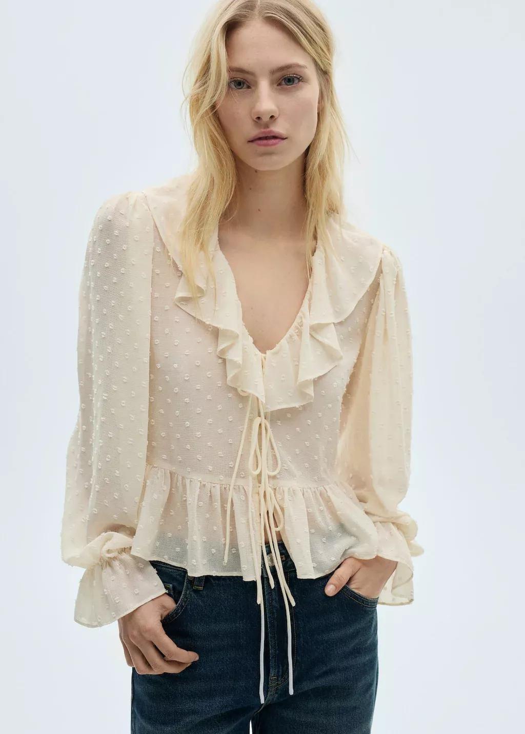Beige Ruffled Blouse With Bow Closure, , large image number 0