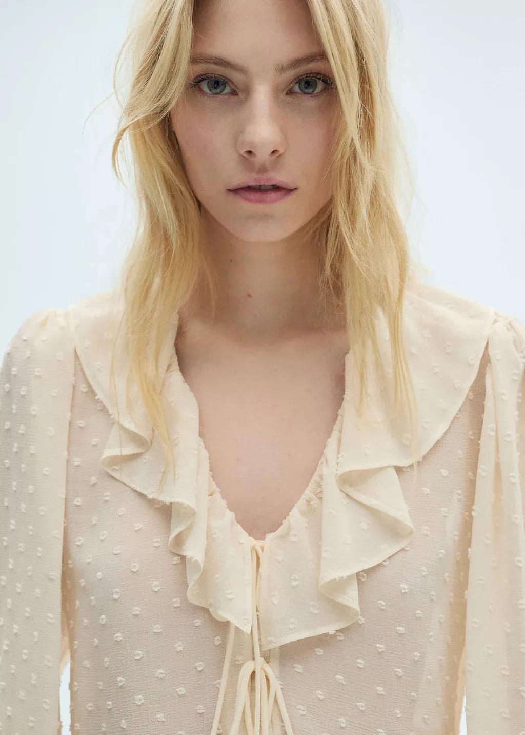 Beige Ruffled Blouse With Bow Closure, , large image number 1