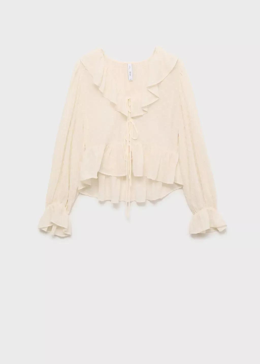 Beige Ruffled Blouse With Bow Closure, , large image number 4