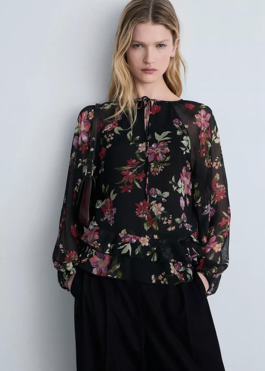 Black Floral Ruffled Blouse, , large image number 0