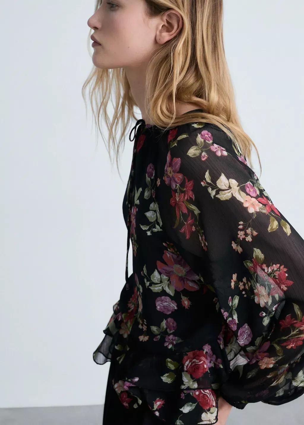 Black Floral Ruffled Blouse, , large image number 1