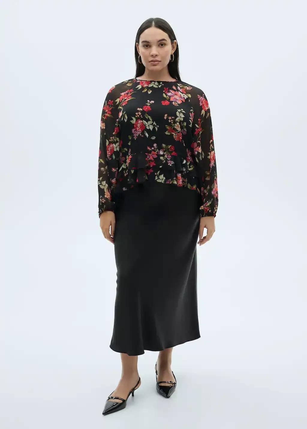 Black Floral Ruffled Blouse, , large image number 3