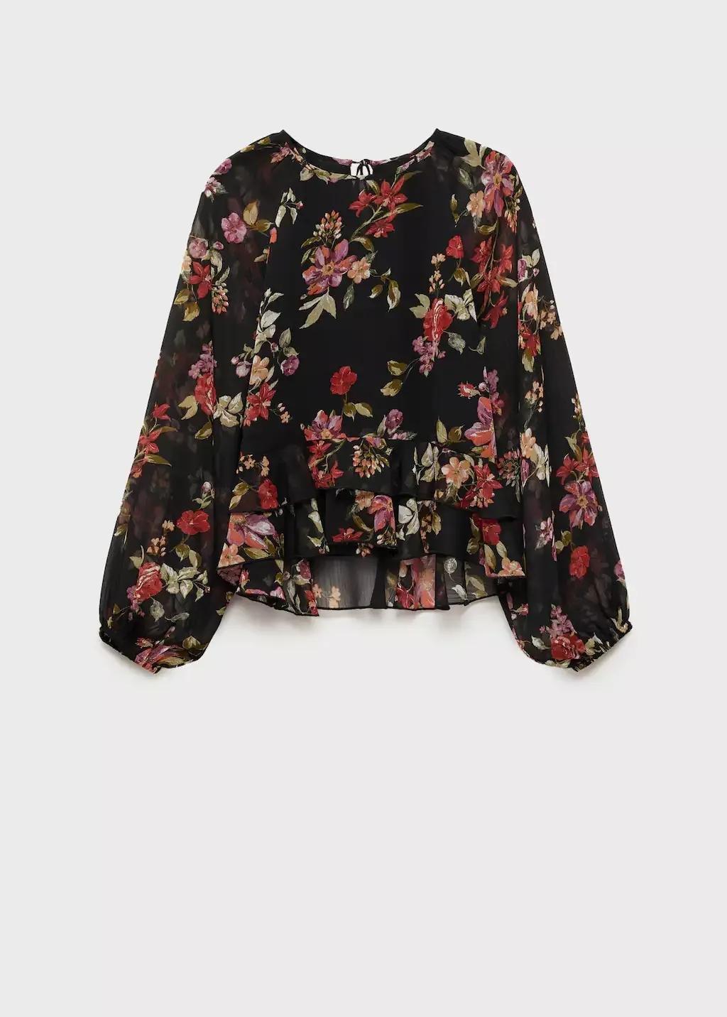 Black Floral Ruffled Blouse, , large image number 4