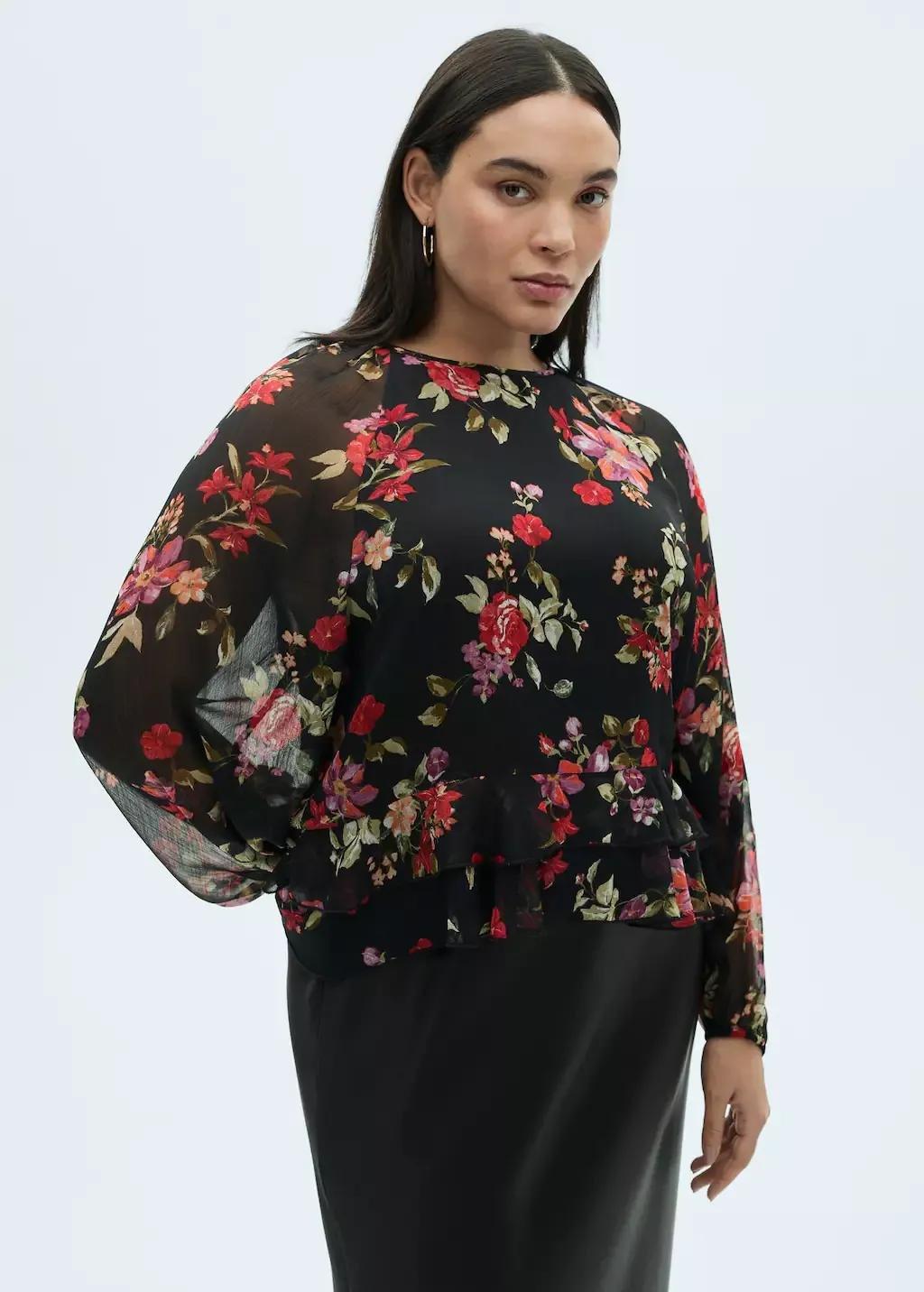Black Floral Ruffled Blouse, , large image number 6