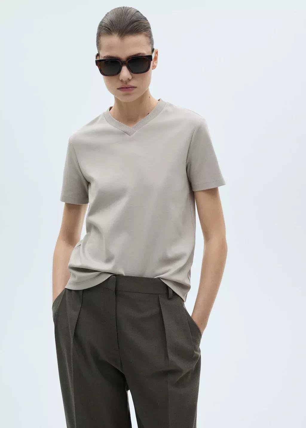 Brown V-Neck Cotton T-Shirt, , large image number 0