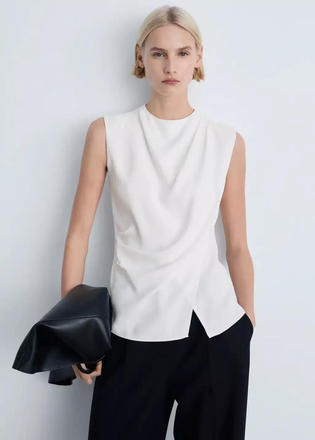 White Sleeveless Draped Blouse, , large image number 0