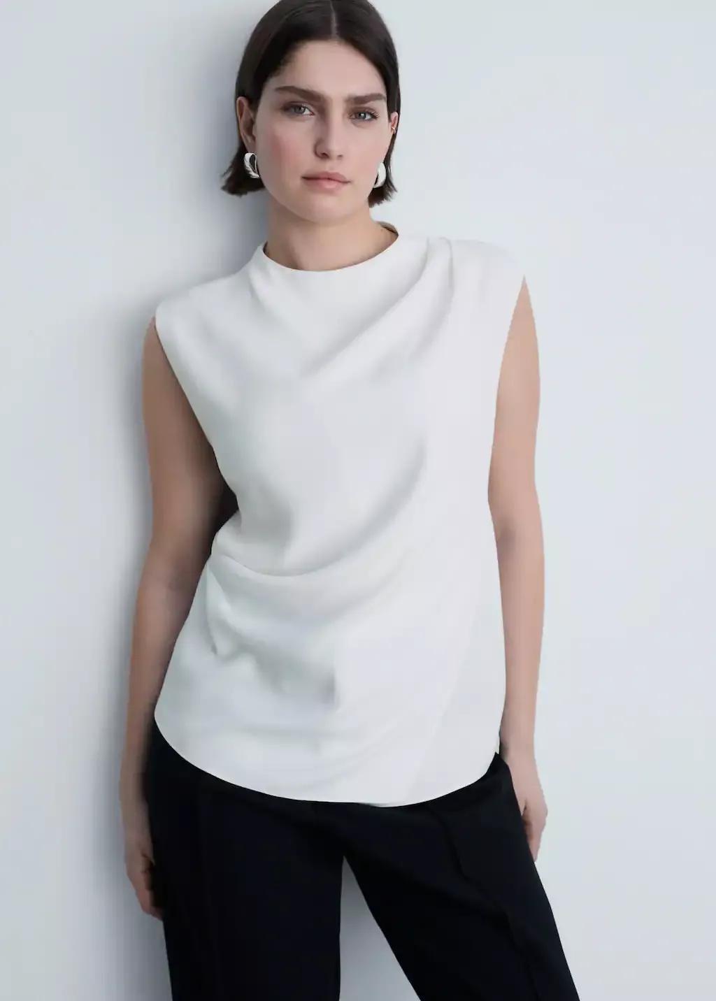 White Sleeveless Draped Blouse, , large image number 8