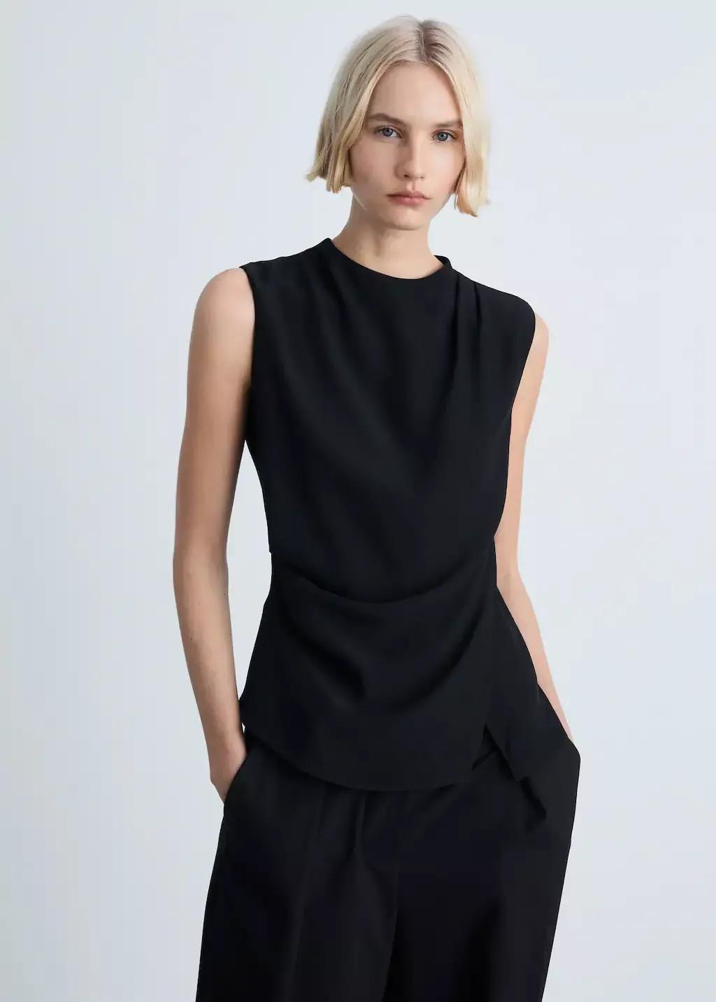 Black Sleeveless Draped Blouse, , large image number 0