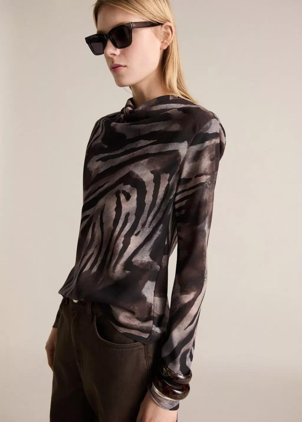 Brown Animal Print Satin Blouse, , medium
