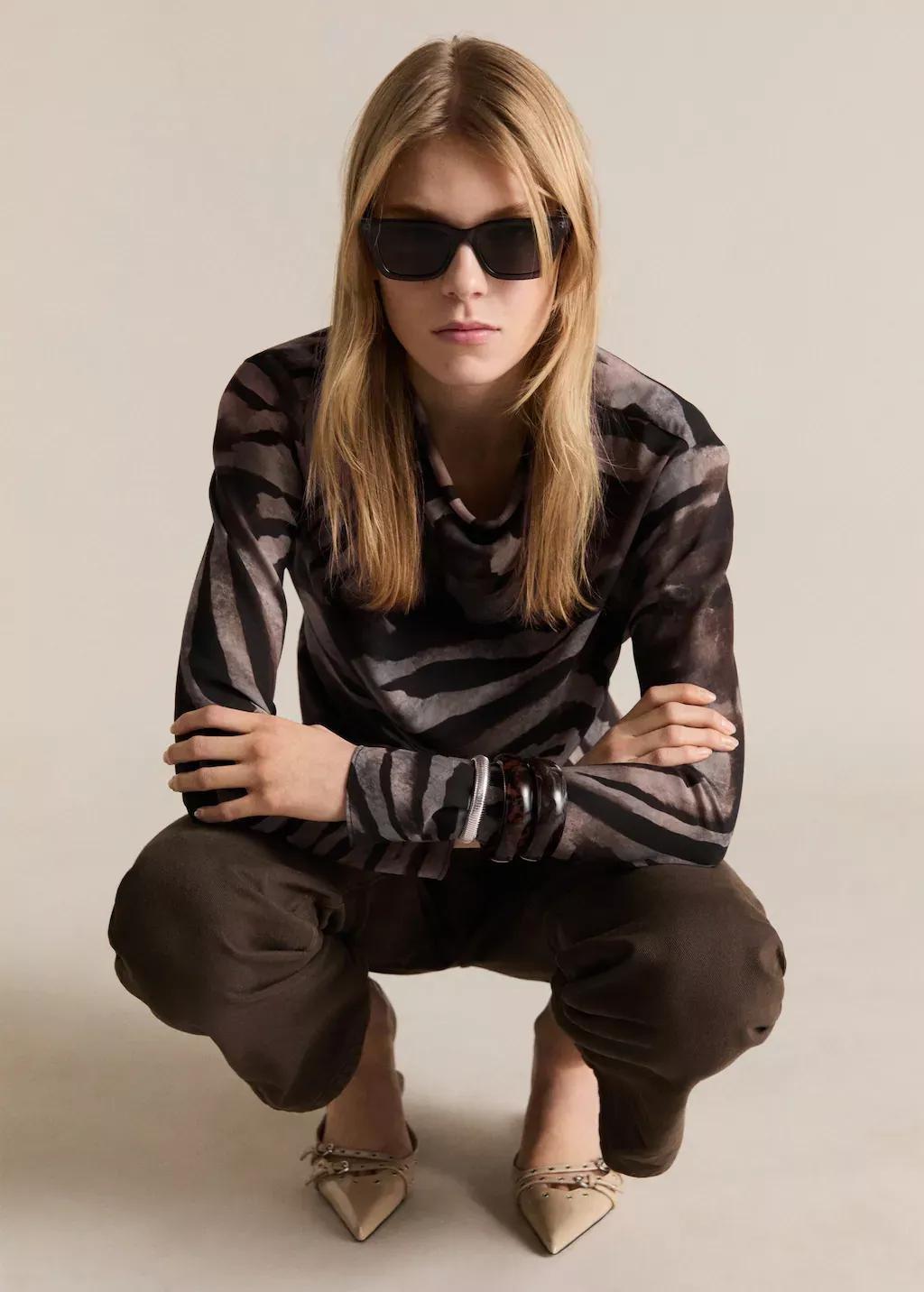 Brown Animal Print Satin Blouse, , large image number 1