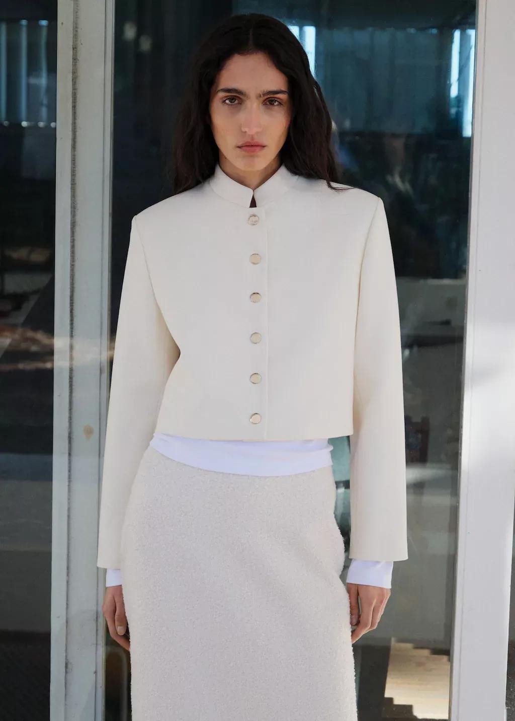 Beige Strip Neck Cropped Jacket, , large image number 0