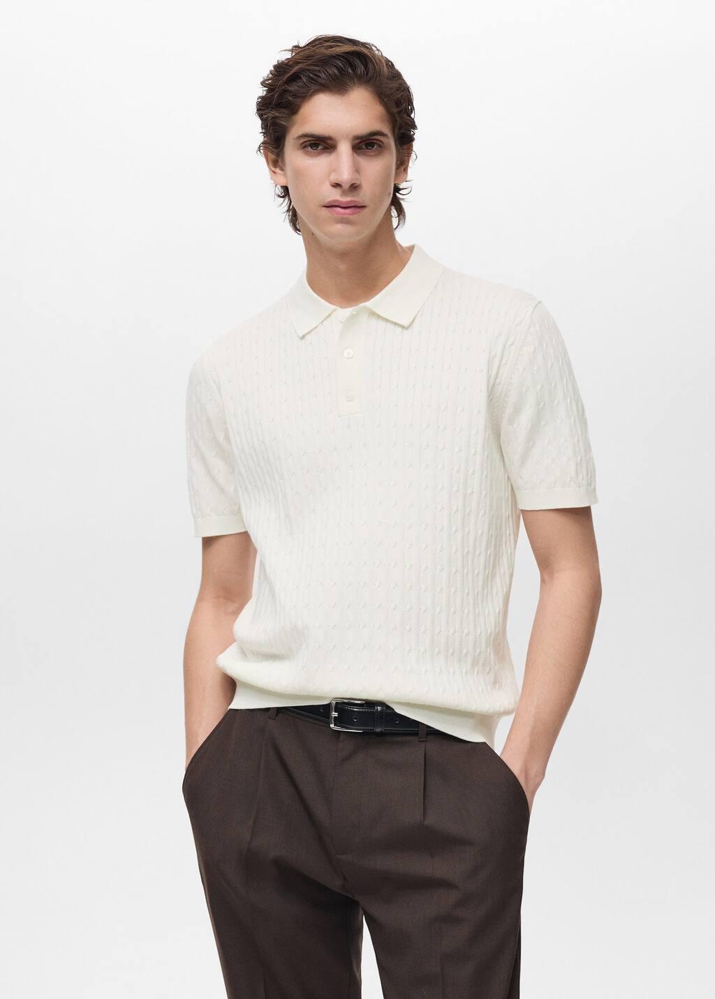 White 100% Cotton Braided Knitted Polo Shirt, , large image number 0