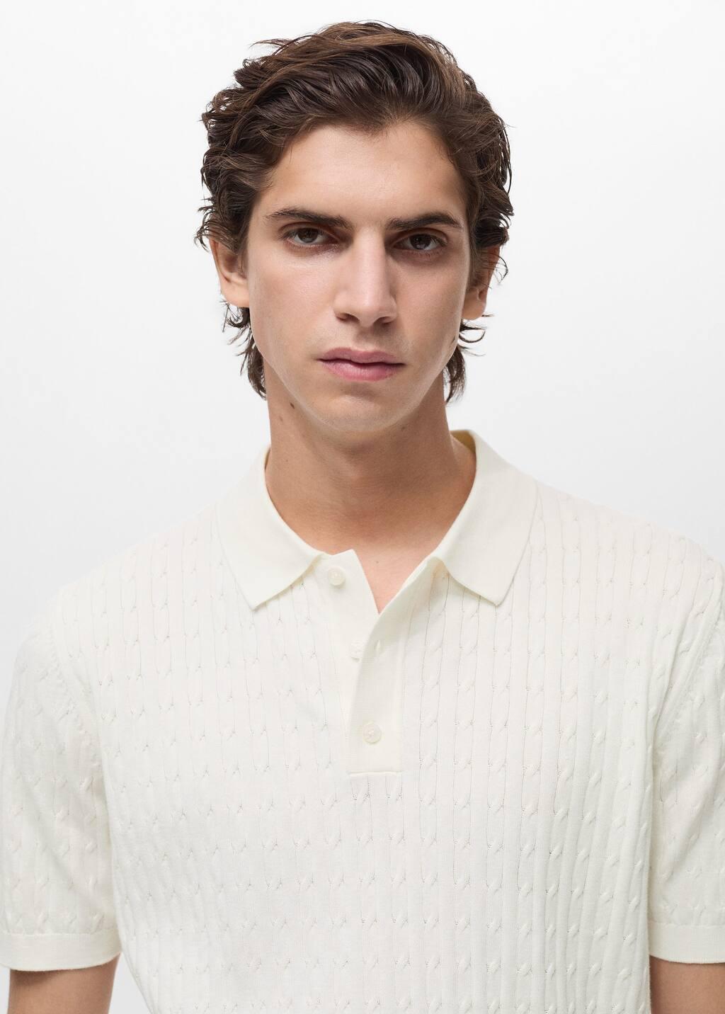 White 100% Cotton Braided Knitted Polo Shirt, , large image number 1