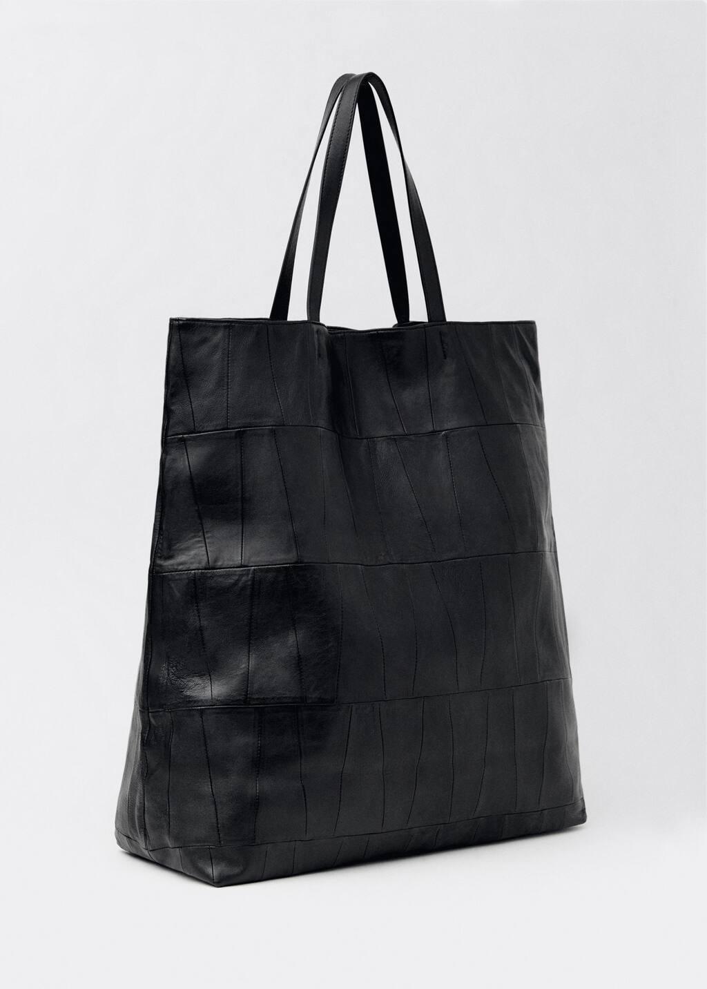 Black Patchwork Leather Shopper Bag, Black, large image number 0
