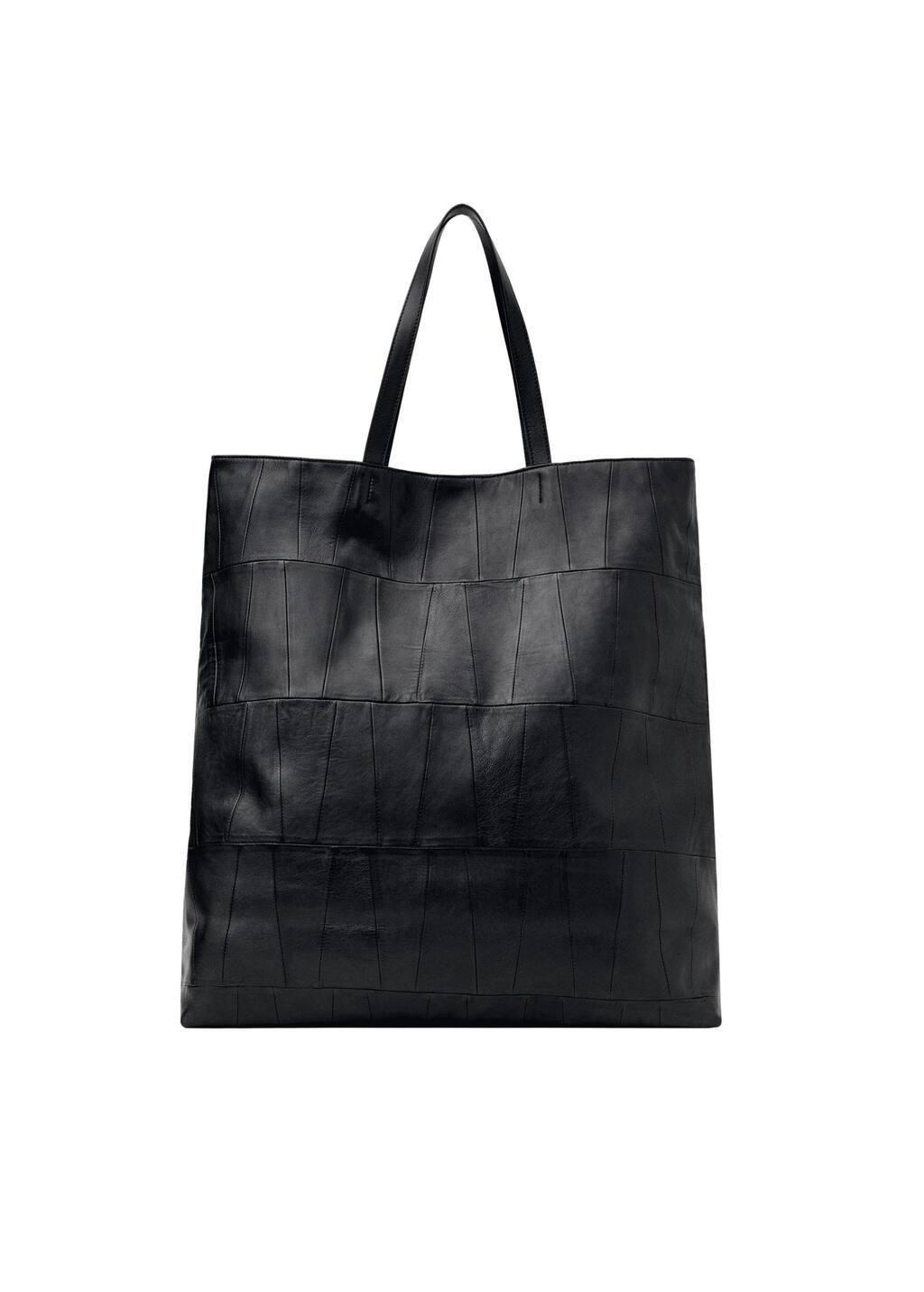 Black Patchwork Leather Shopper Bag, Black, large image number 2